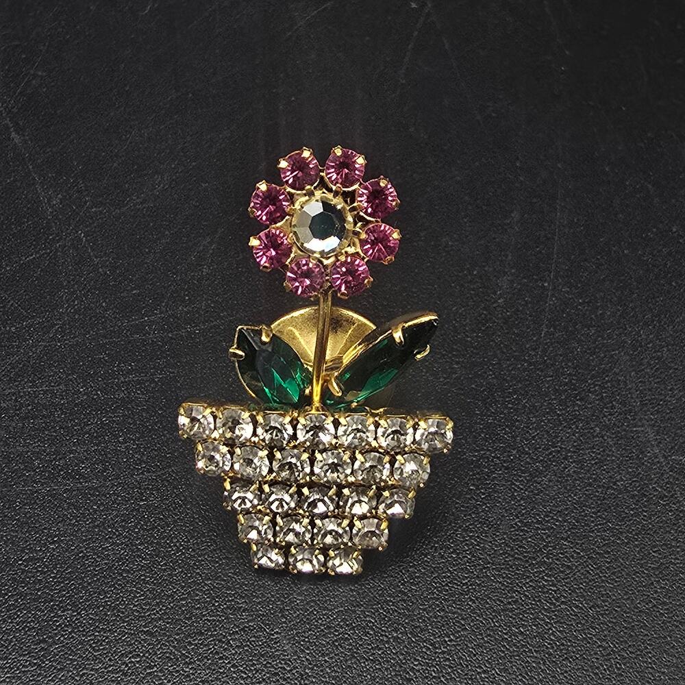 Pink Rhinestone Flower in Flower Pot Pin Vintage Spring Gardening Jewelry